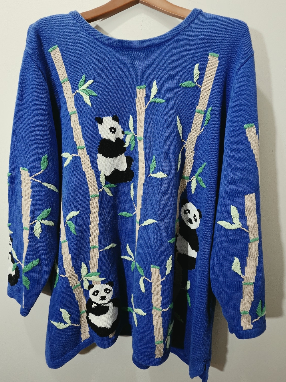 The Quacker Factory Vintage Blue Panda Bamboo Cotton Ramie Knit Sweater 2XL XXL